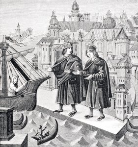 Trade on the Seaports of the Levant, reproduction of a miniature in the 15th century manuscript, 